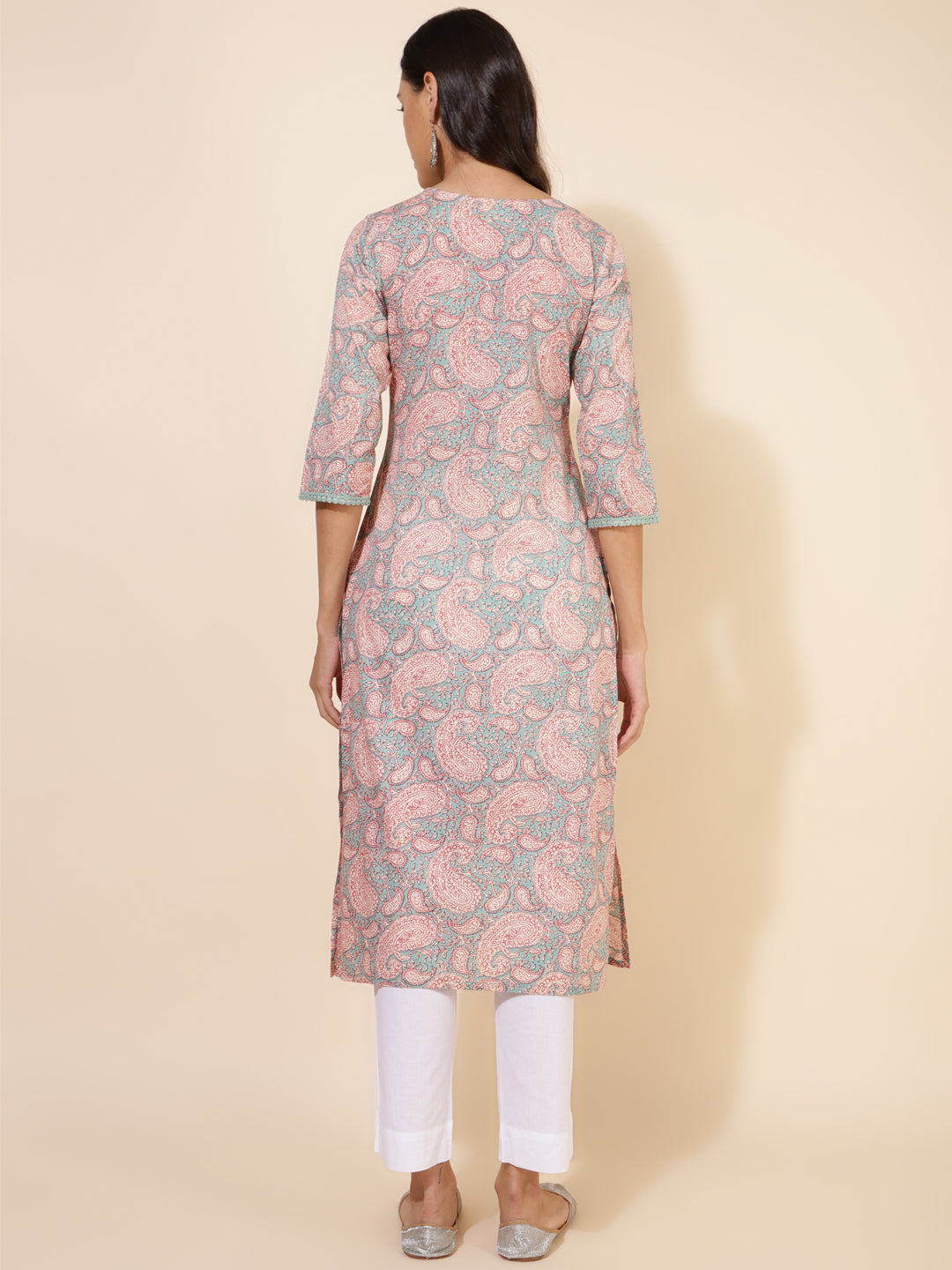 Janasya Sage Green Cotton Paisley Printed Casual Kurta | Swadesiicart