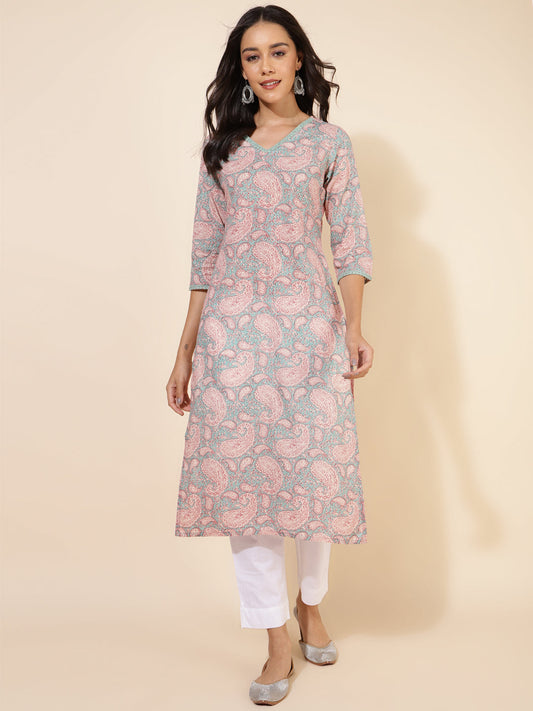 Janasya Sage Green Cotton Paisley Printed Casual Kurta | Swadesiicart