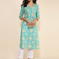 Janasya Aqua Blue Cotton Floral Printed Casual Kurta | Swadesiicart