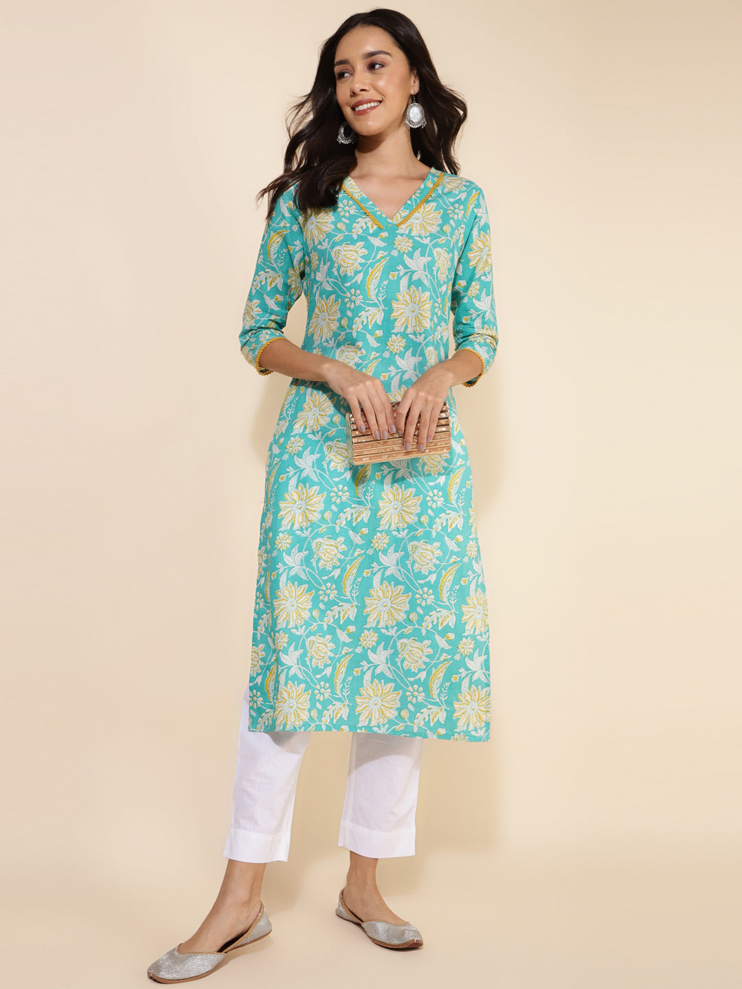 Janasya Aqua Blue Cotton Floral Printed Casual Kurta | Swadesiicart