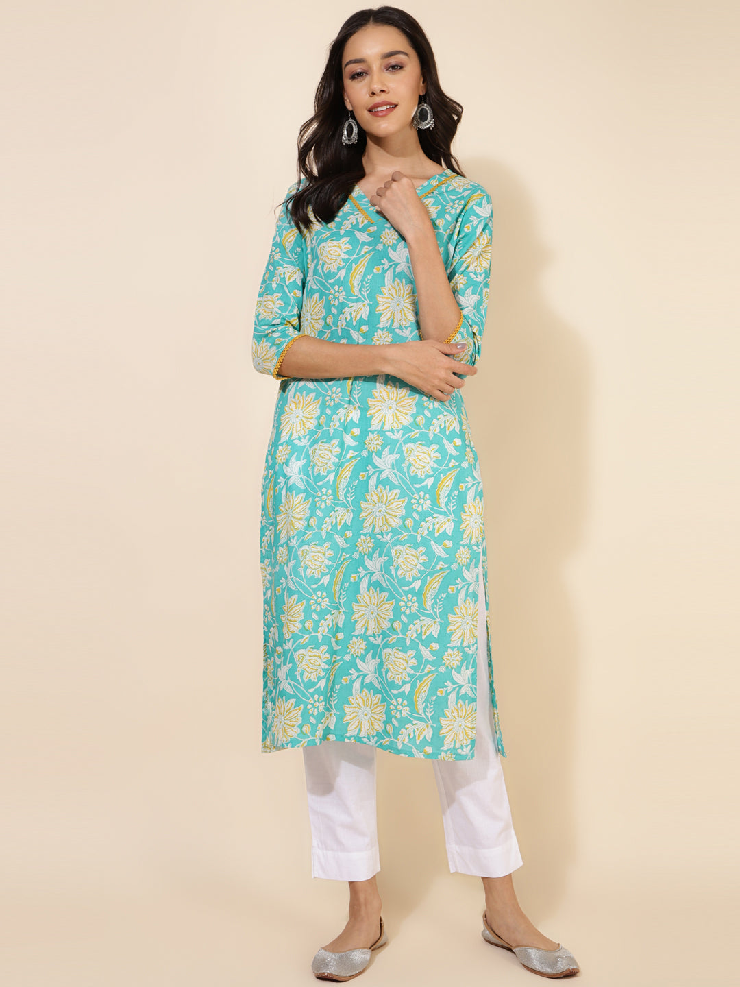 Janasya Aqua Blue Cotton Floral Printed Casual Kurta | Swadesiicart
