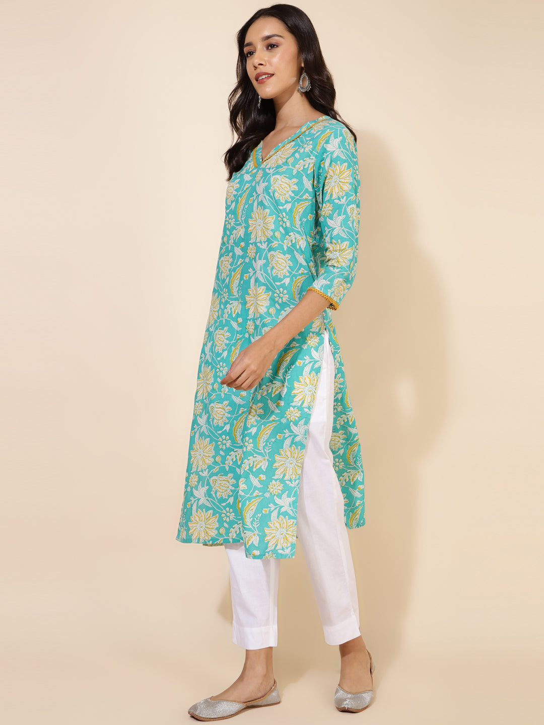 Janasya Aqua Blue Cotton Floral Printed Casual Kurta | Swadesiicart