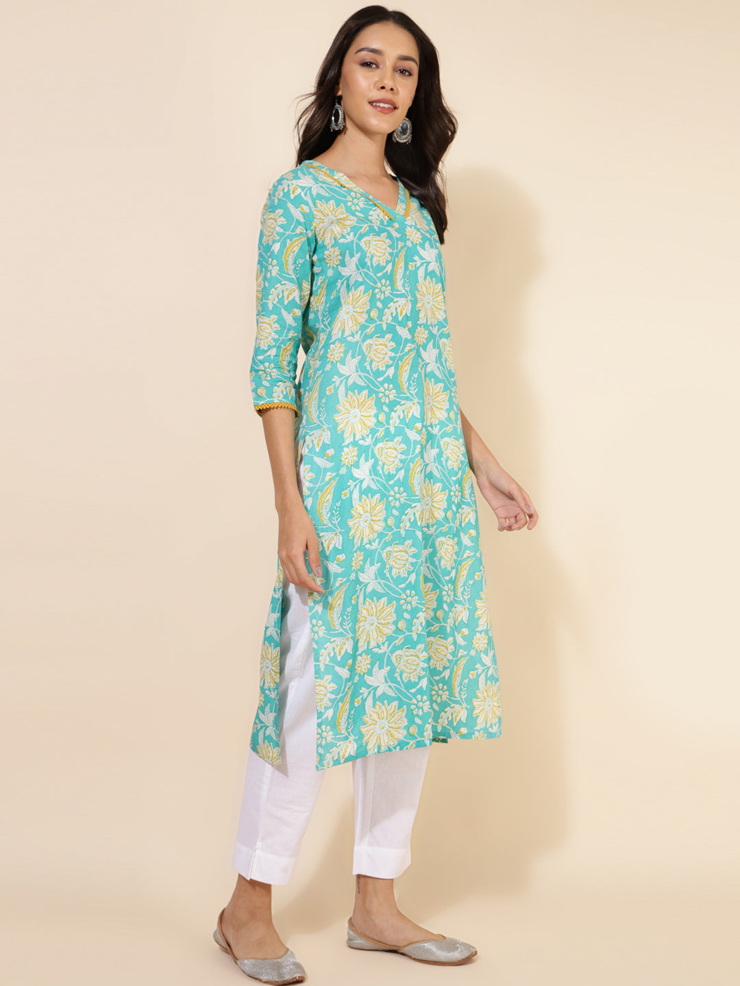 Janasya Aqua Blue Cotton Floral Printed Casual Kurta | Swadesiicart