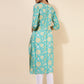 Janasya Aqua Blue Cotton Floral Printed Casual Kurta | Swadesiicart