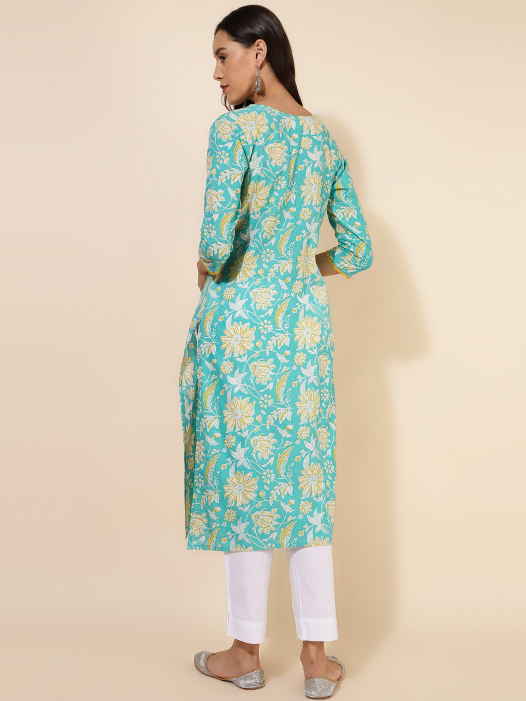 Janasya Aqua Blue Cotton Floral Printed Casual Kurta | Swadesiicart