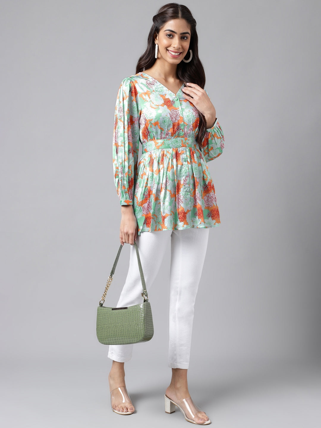 Janasya Women's Orange Satin Digital Floral Printed Casual Peplum Top | Swadesiicart