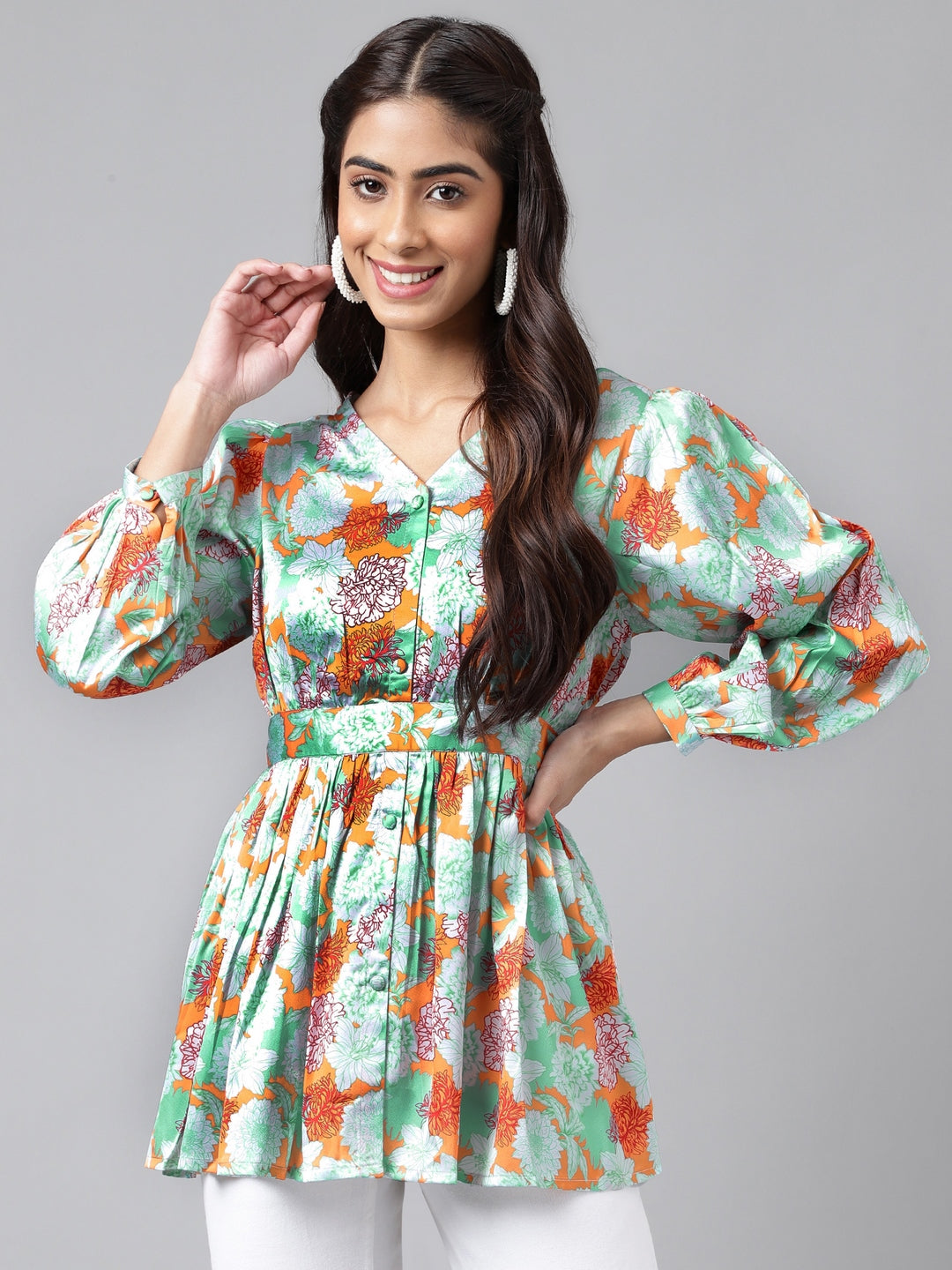 Janasya Women's Orange Satin Digital Floral Printed Casual Peplum Top | Swadesiicart