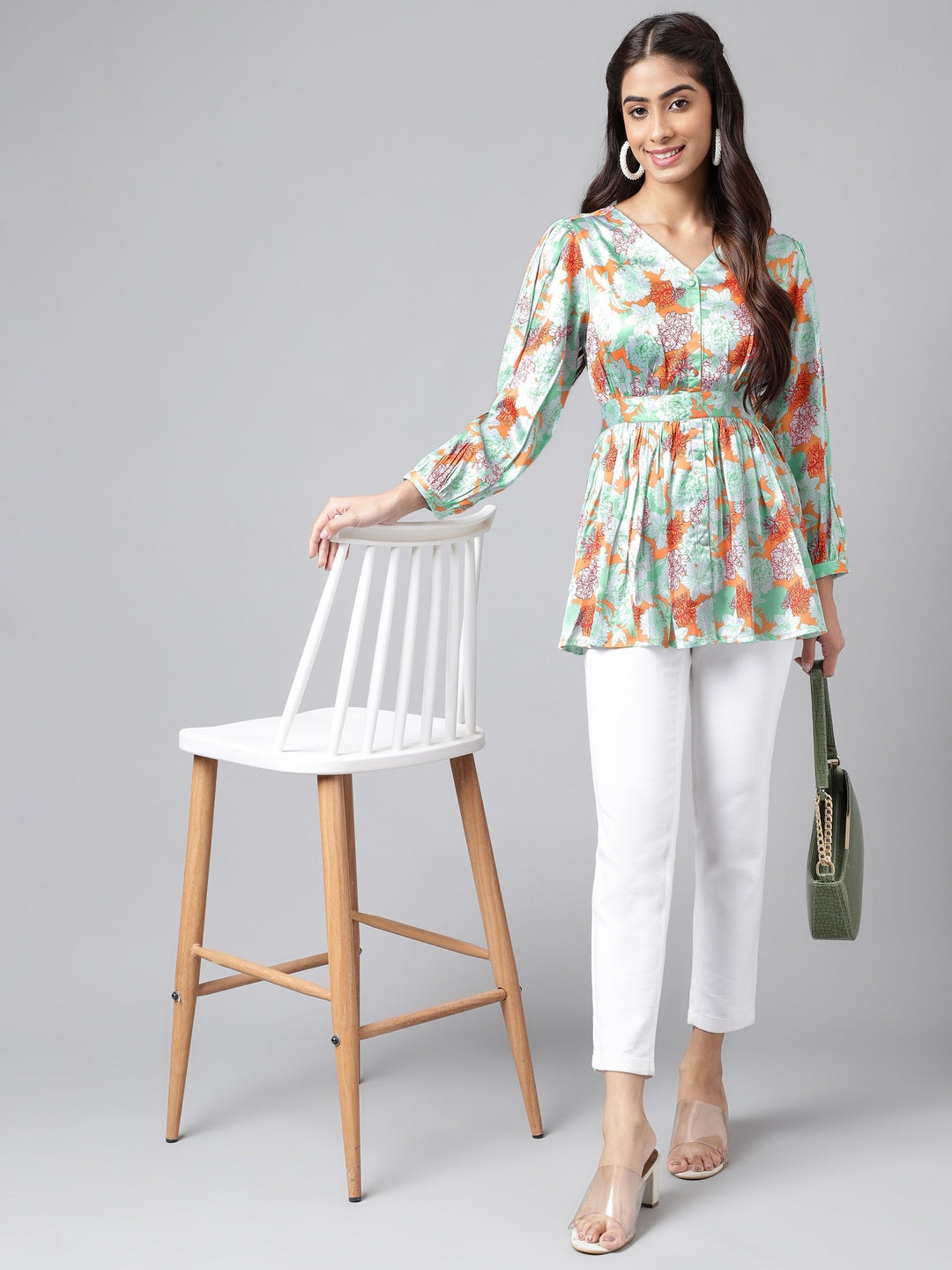 Janasya Women's Orange Satin Digital Floral Printed Casual Peplum Top | Swadesiicart
