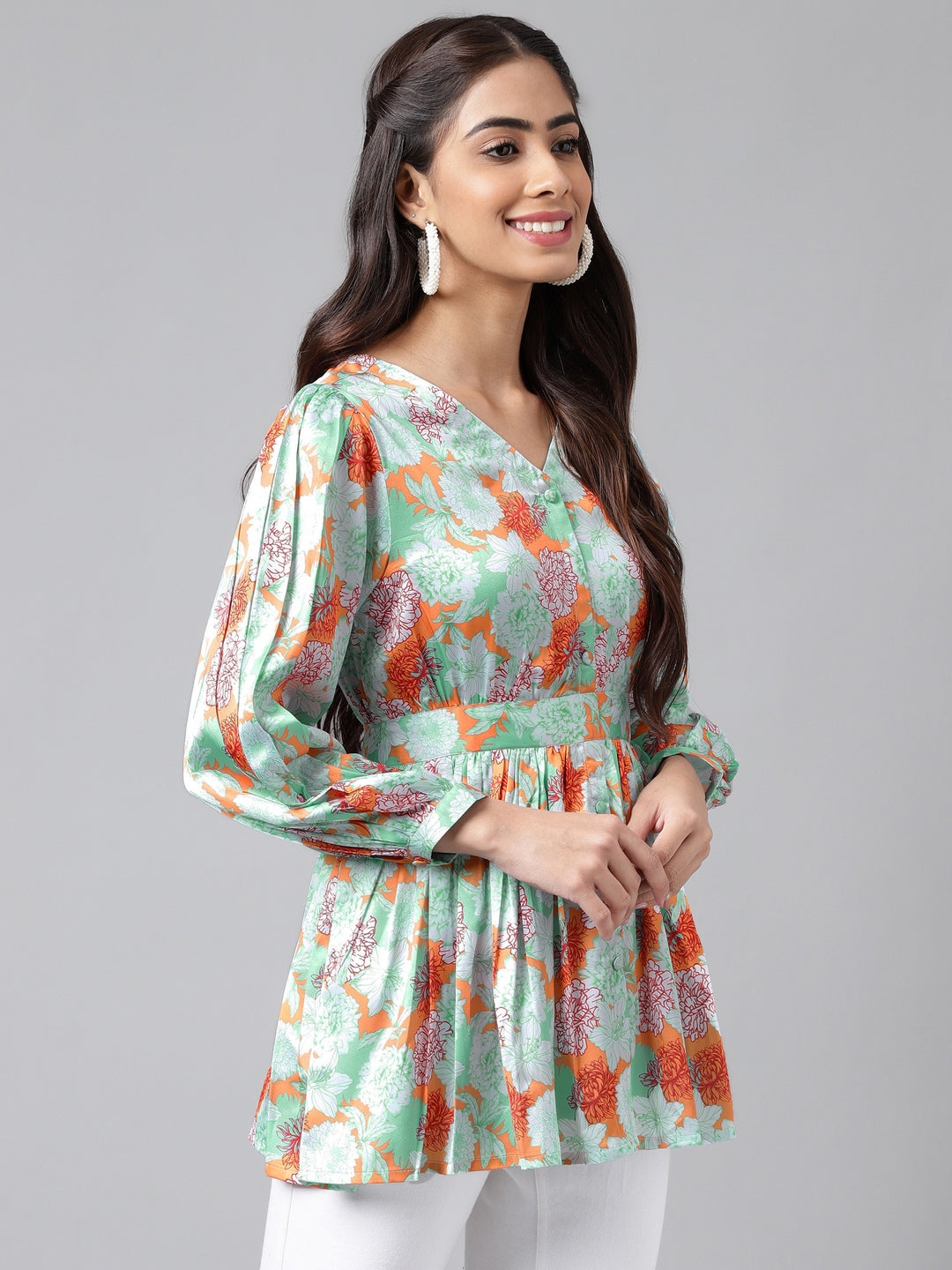 Janasya Women's Orange Satin Digital Floral Printed Casual Peplum Top | Swadesiicart