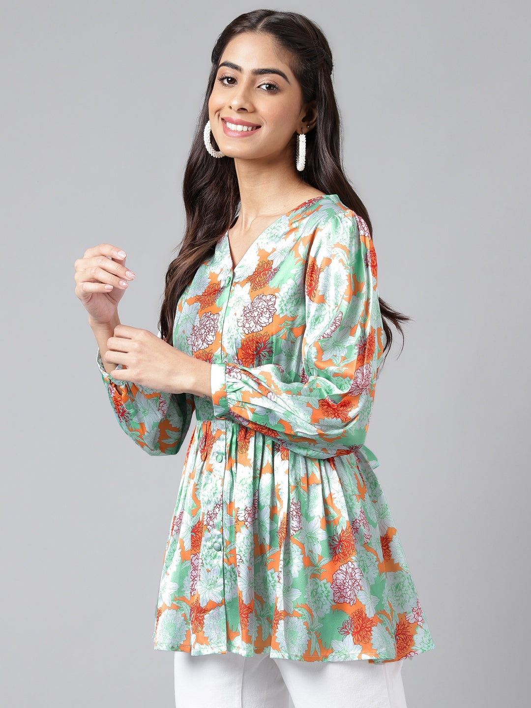 Janasya Women's Orange Satin Digital Floral Printed Casual Peplum Top | Swadesiicart