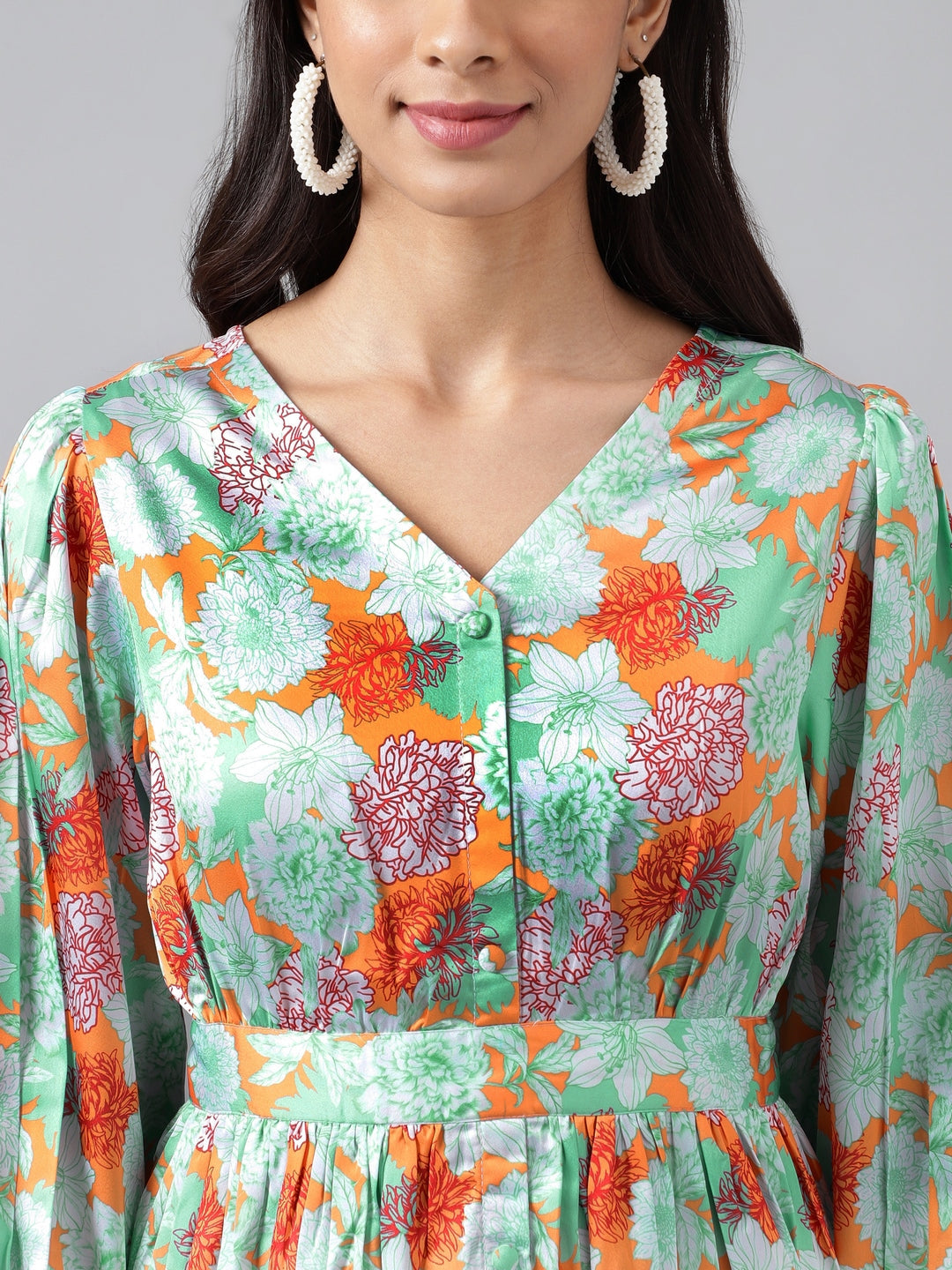 Janasya Women's Orange Satin Digital Floral Printed Casual Peplum Top | Swadesiicart