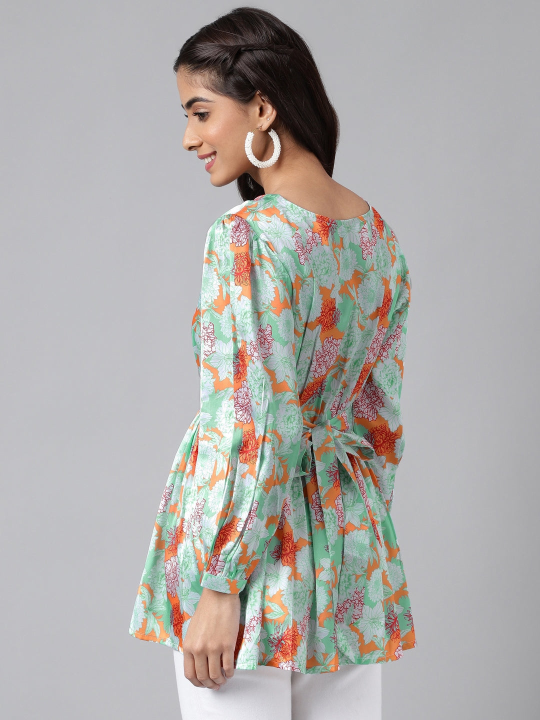 Janasya Women's Orange Satin Digital Floral Printed Casual Peplum Top | Swadesiicart