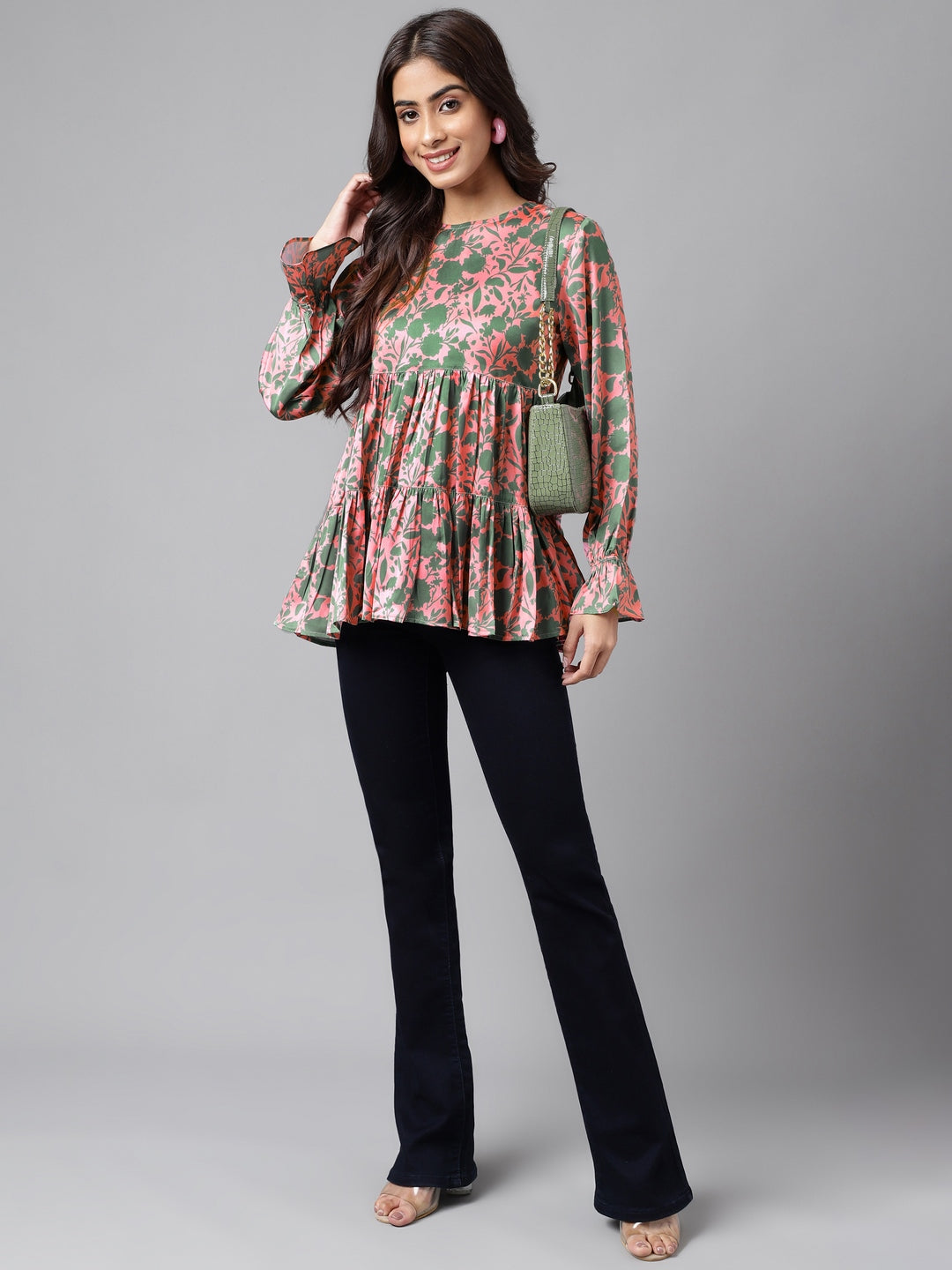 Janasya Women's Pink Satin Digital Floral Printed Casual Flared Top | Swadesiicart
