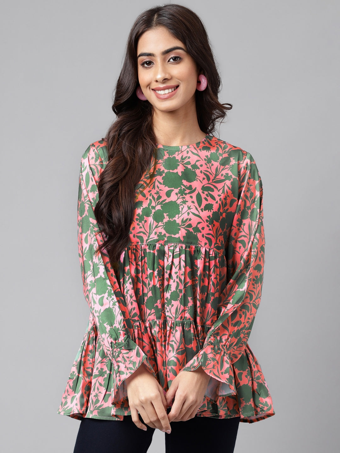Janasya Women's Pink Satin Digital Floral Printed Casual Flared Top | Swadesiicart