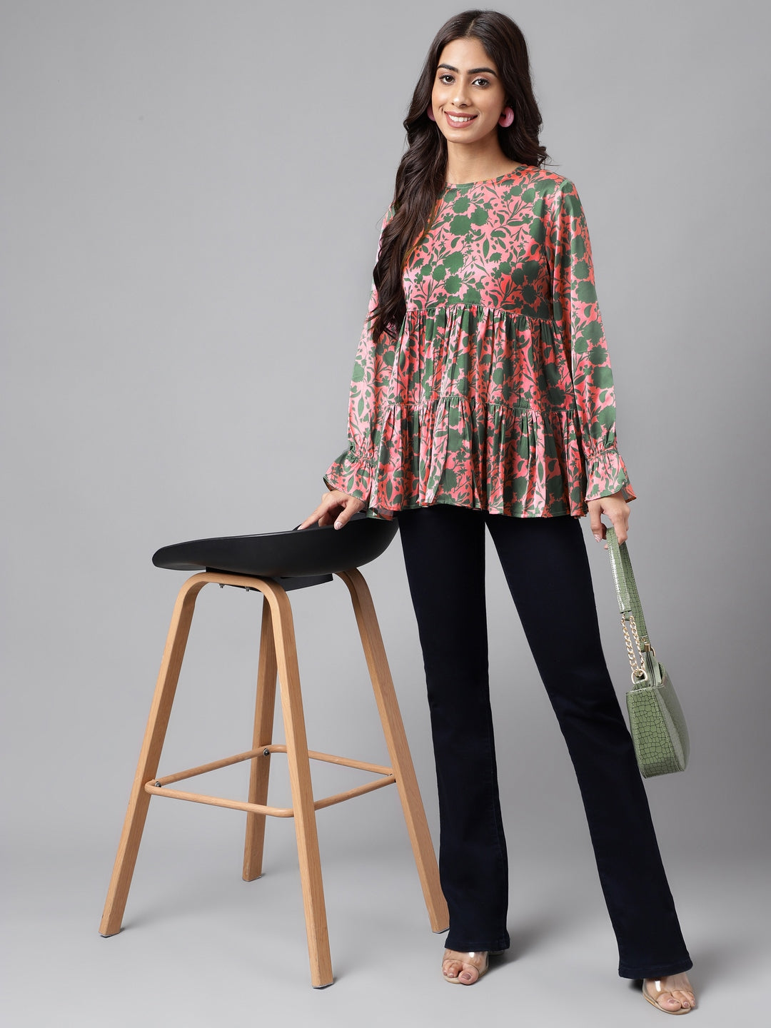 Janasya Women's Pink Satin Digital Floral Printed Casual Flared Top | Swadesiicart