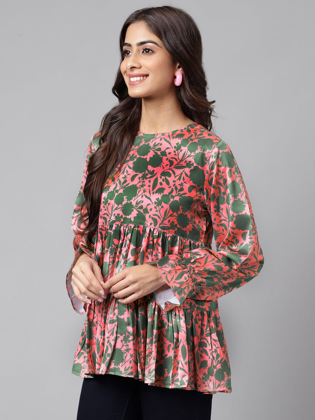 Janasya Women's Pink Satin Digital Floral Printed Casual Flared Top | Swadesiicart