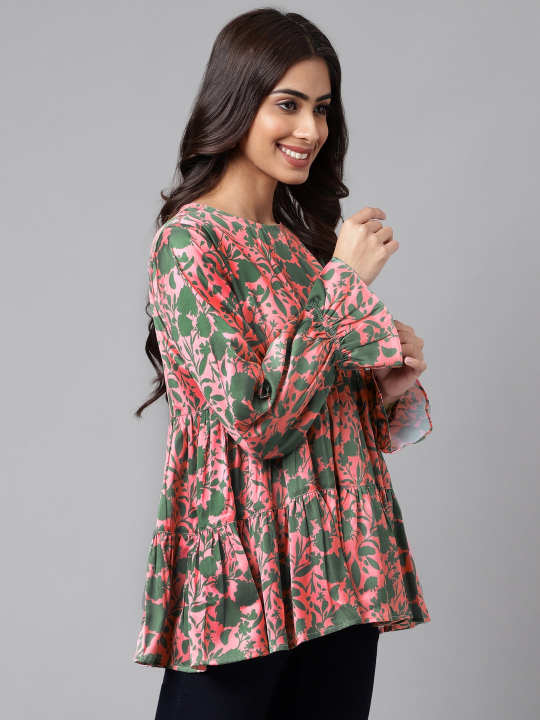 Janasya Women's Pink Satin Digital Floral Printed Casual Flared Top | Swadesiicart