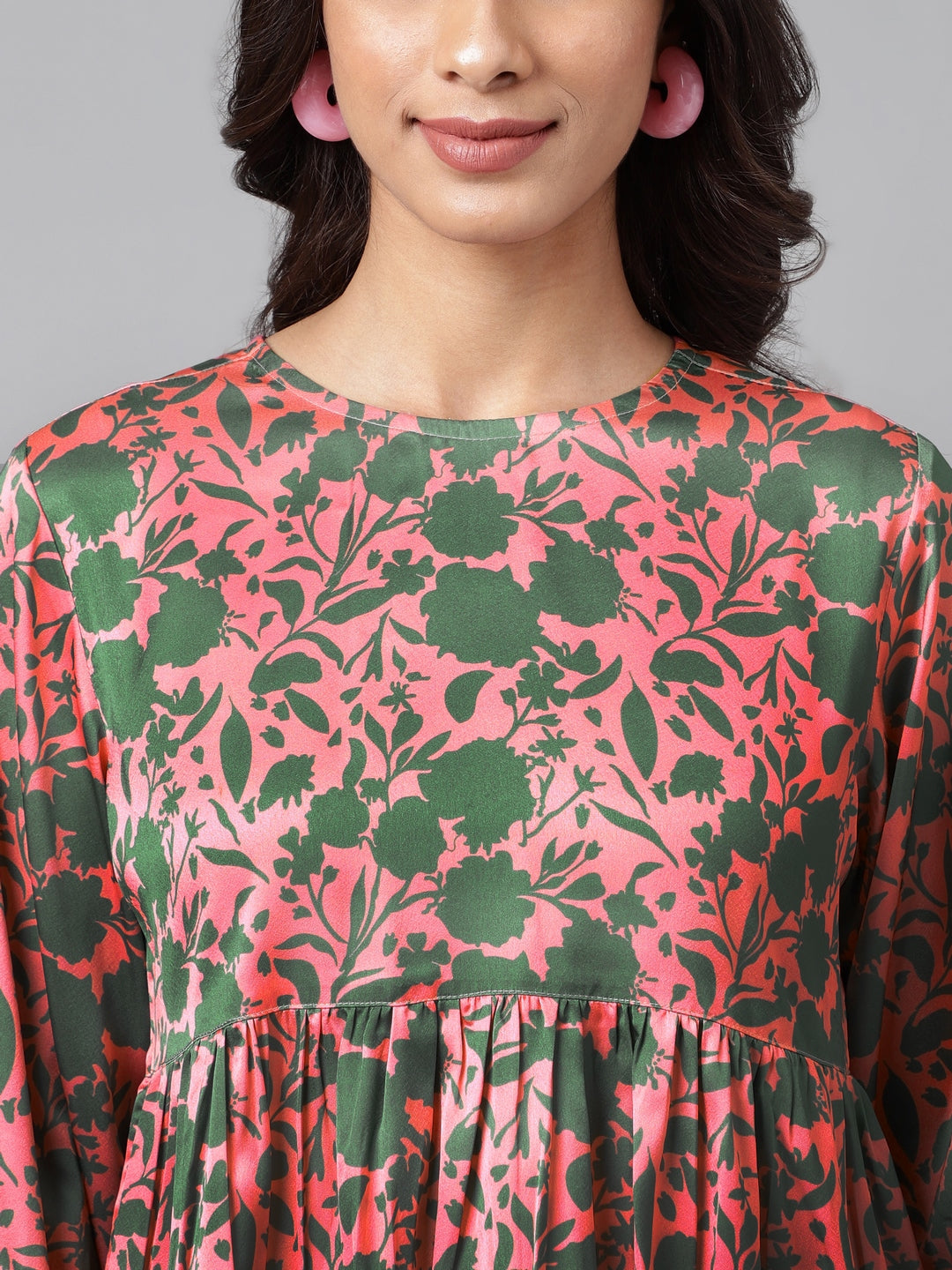 Janasya Women's Pink Satin Digital Floral Printed Casual Flared Top | Swadesiicart