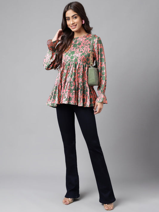 Janasya Women's Pink Satin Digital Floral Printed Casual Flared Top | Swadesiicart