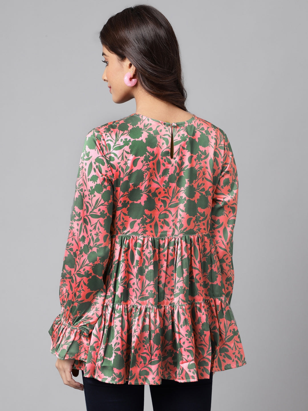 Janasya Women's Pink Satin Digital Floral Printed Casual Flared Top | Swadesiicart