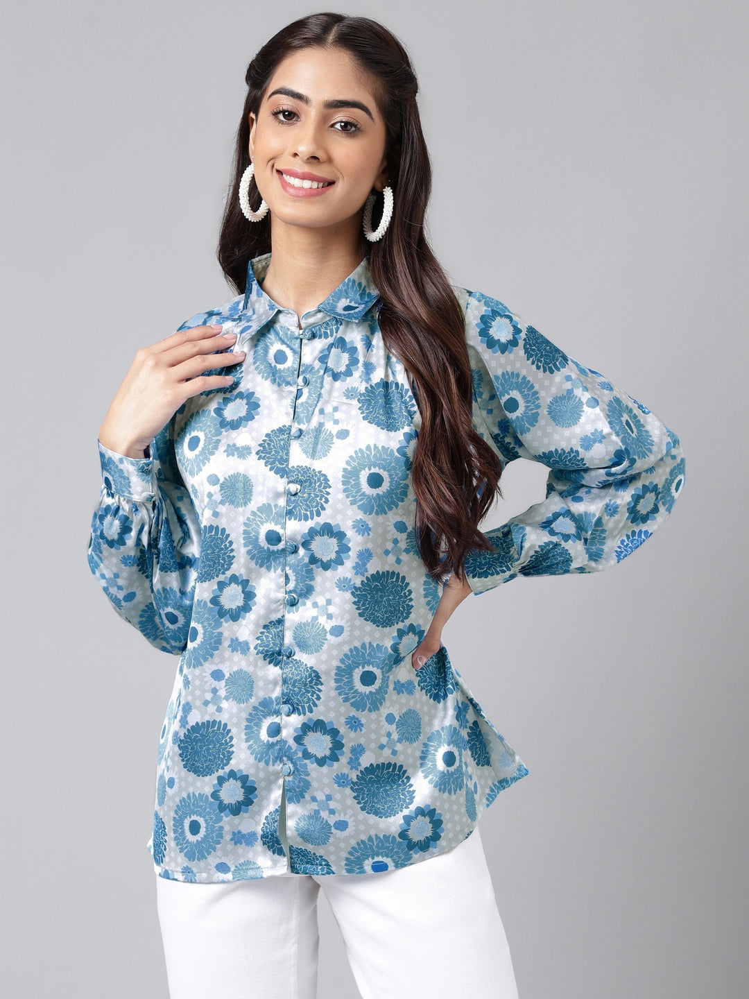 Janasya Women's Grey Satin Digital Floral Printed Casual Shirt Style Top | Swadesiicart