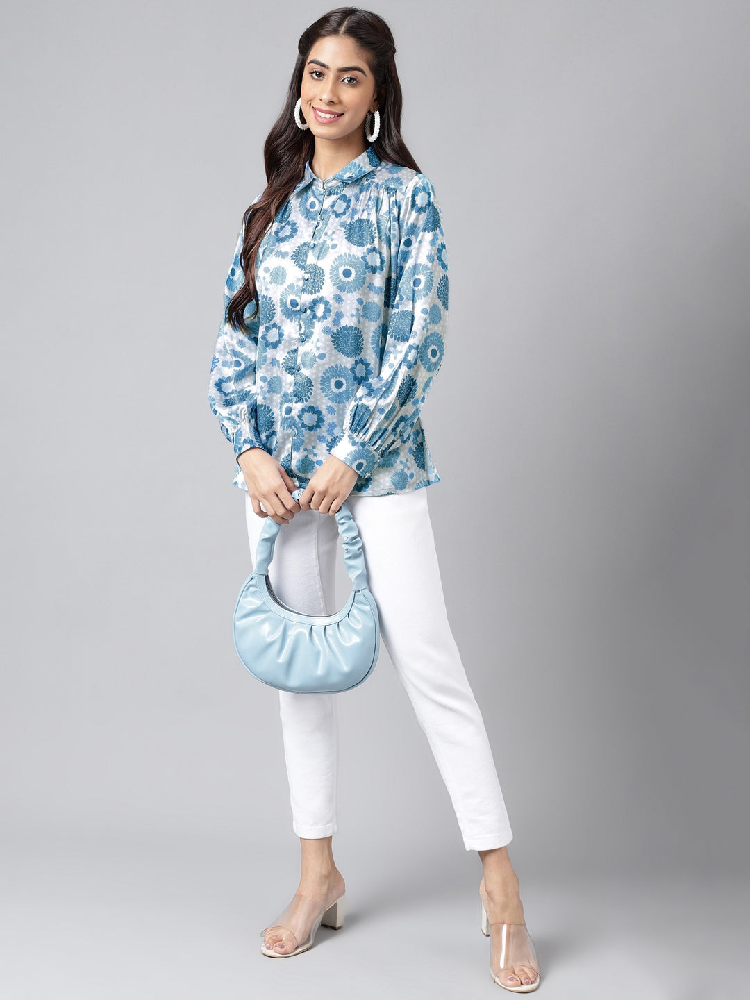 Janasya Women's Grey Satin Digital Floral Printed Casual Shirt Style Top | Swadesiicart