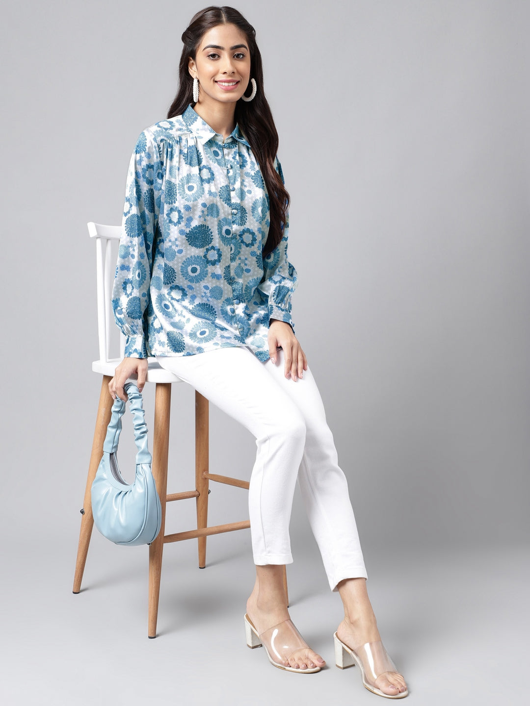 Janasya Women's Grey Satin Digital Floral Printed Casual Shirt Style Top | Swadesiicart