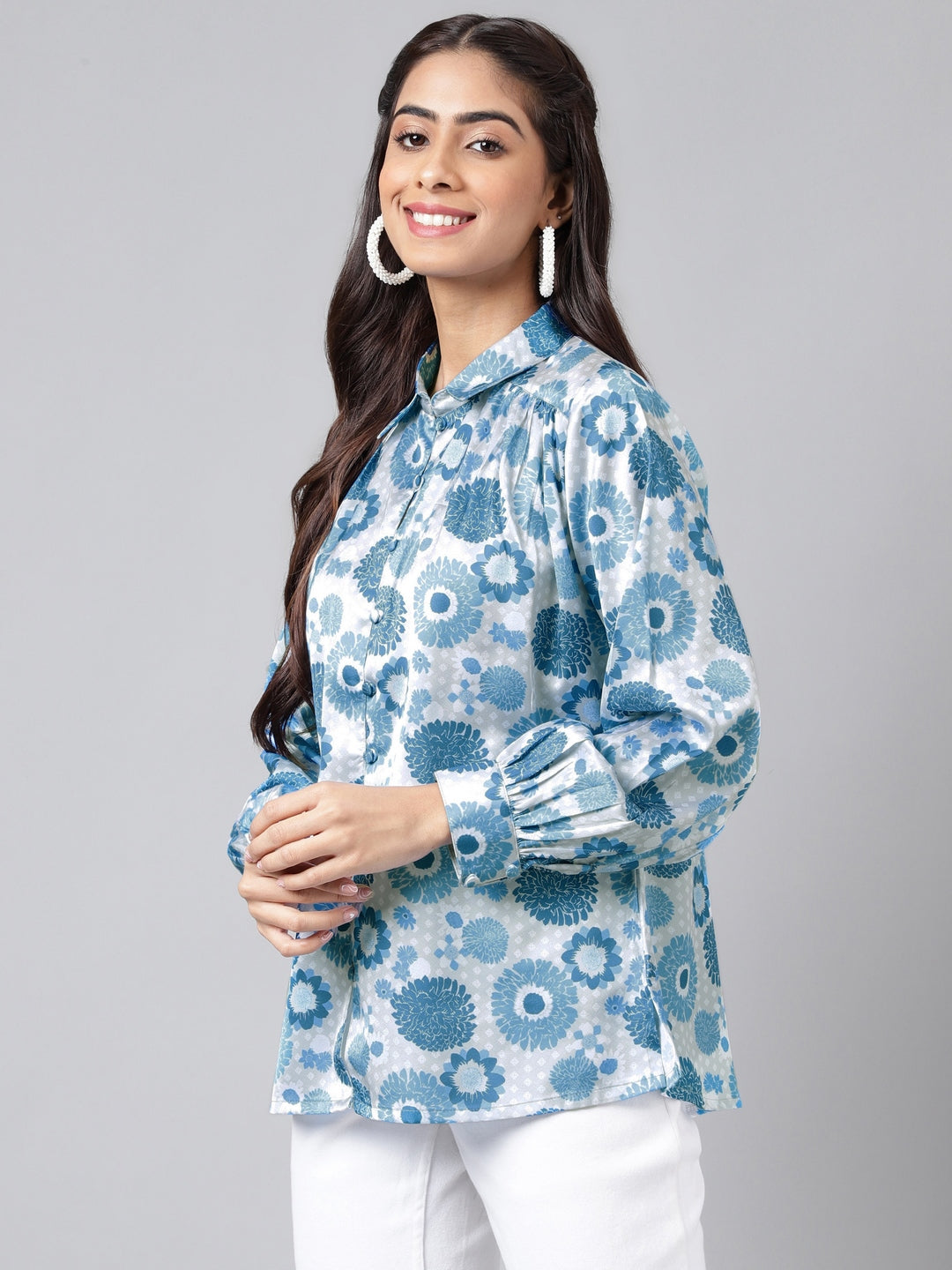 Janasya Women's Grey Satin Digital Floral Printed Casual Shirt Style Top | Swadesiicart