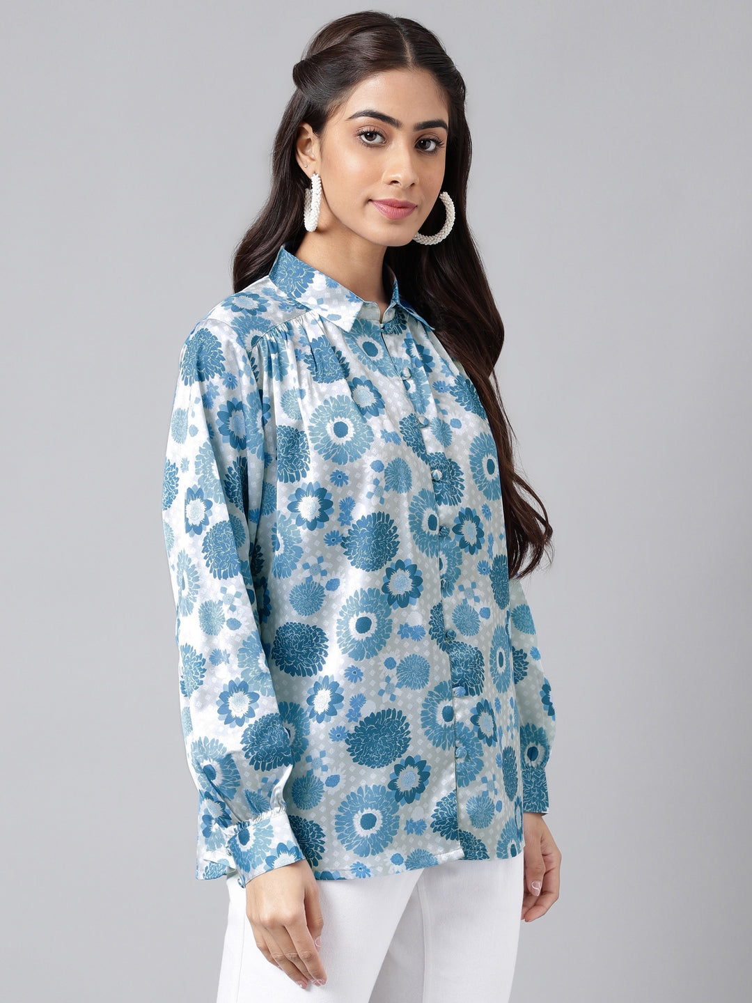 Janasya Women's Grey Satin Digital Floral Printed Casual Shirt Style Top | Swadesiicart