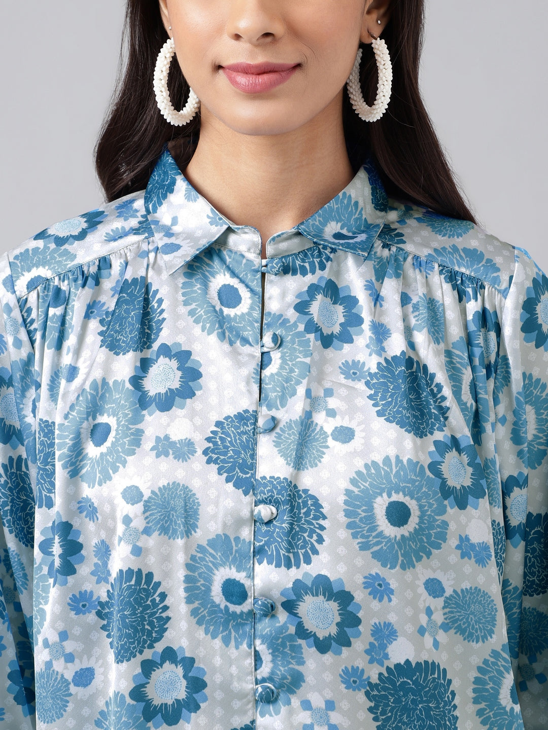 Janasya Women's Grey Satin Digital Floral Printed Casual Shirt Style Top | Swadesiicart