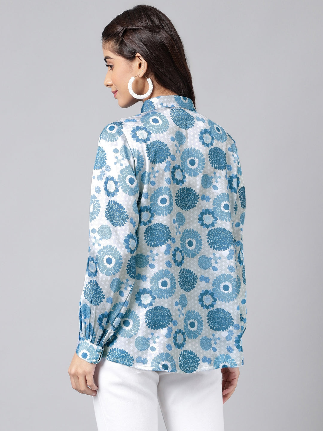Janasya Women's Grey Satin Digital Floral Printed Casual Shirt Style Top | Swadesiicart