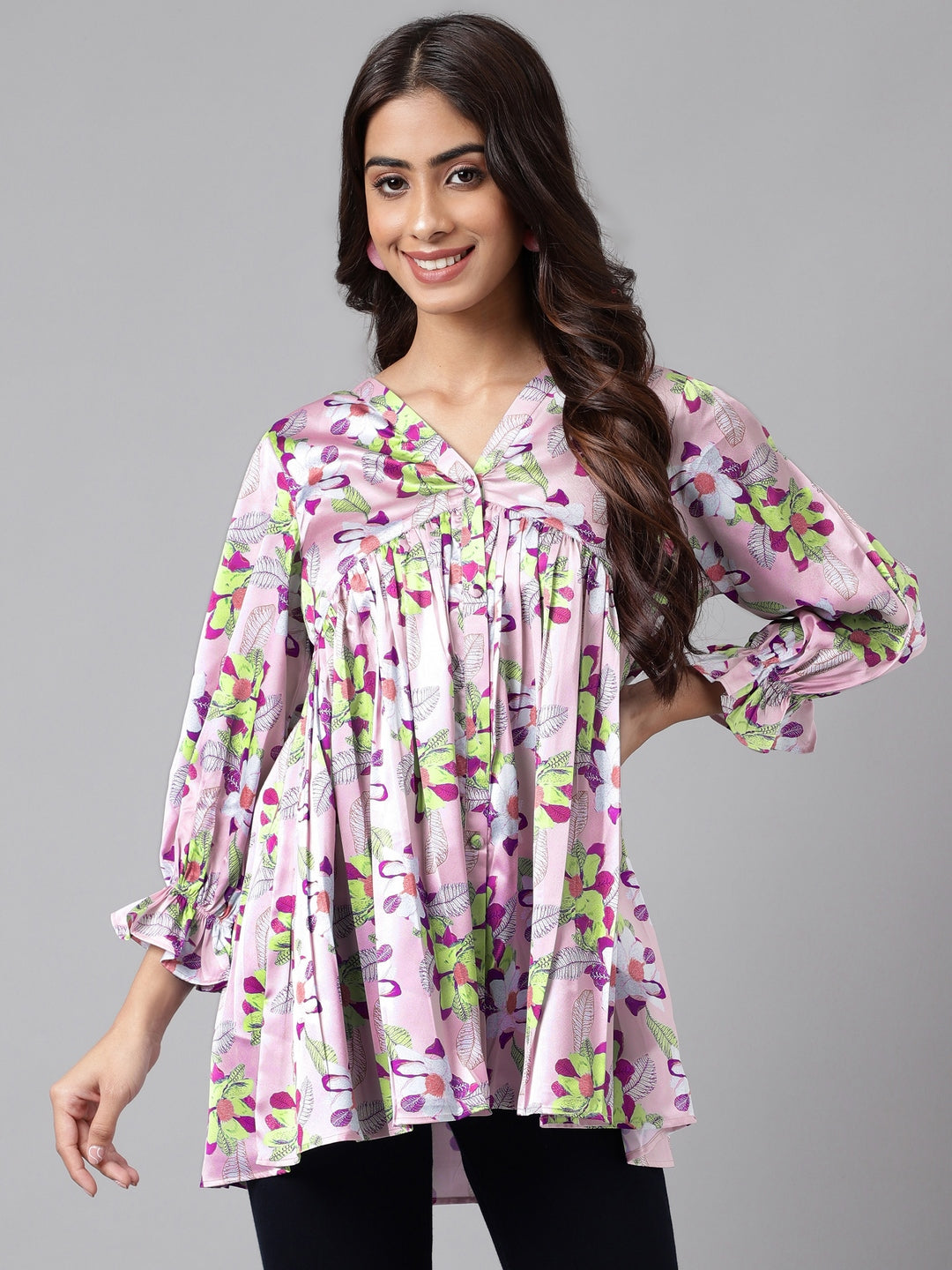 Janasya Women's Lavender Satin Digital Floral Printed Casual Flared Top | Swadesiicart