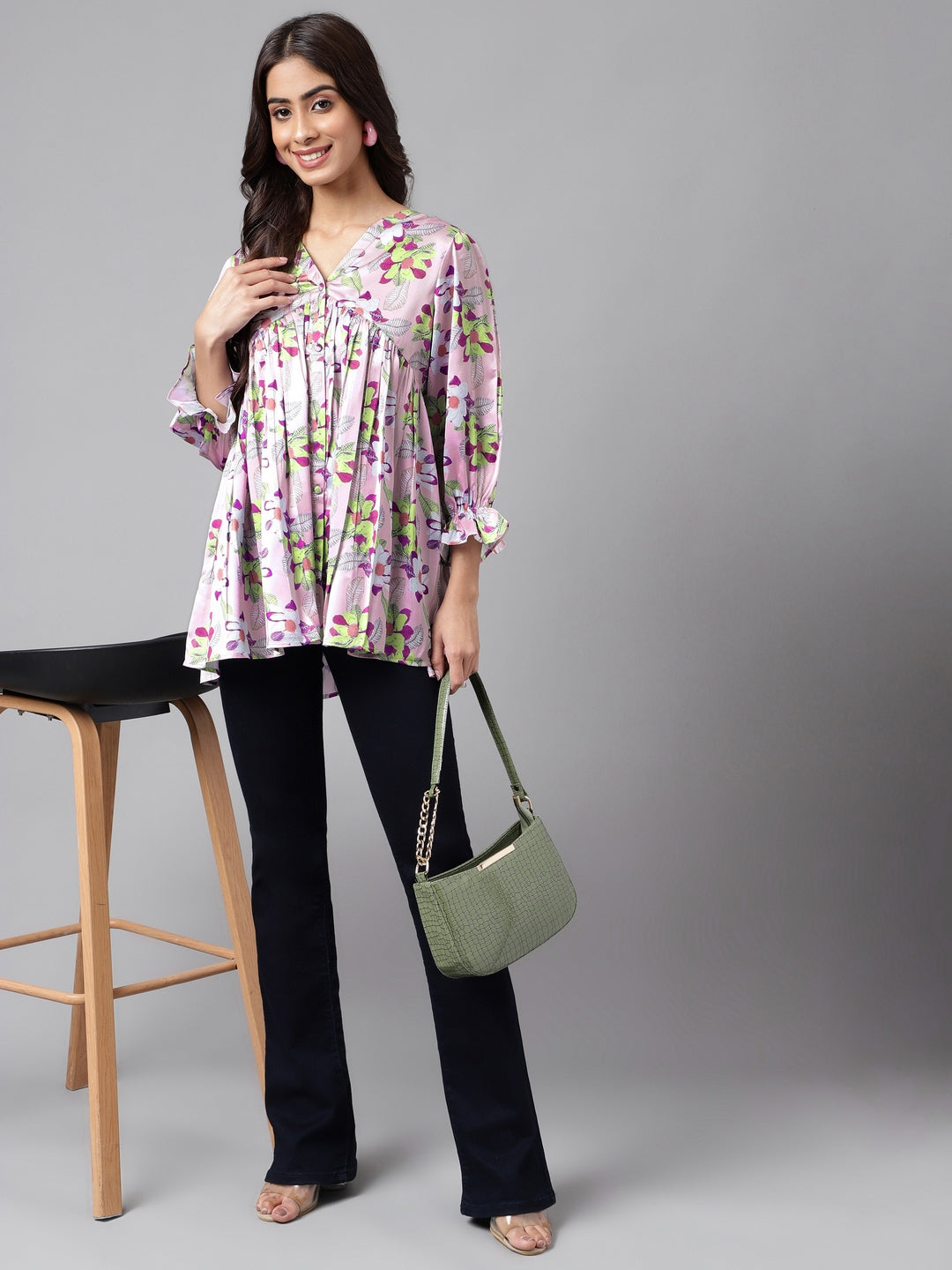 Janasya Women's Lavender Satin Digital Floral Printed Casual Flared Top | Swadesiicart