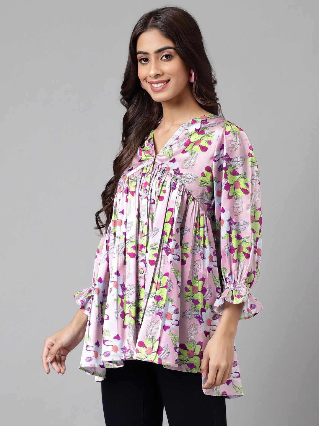 Janasya Women's Lavender Satin Digital Floral Printed Casual Flared Top | Swadesiicart