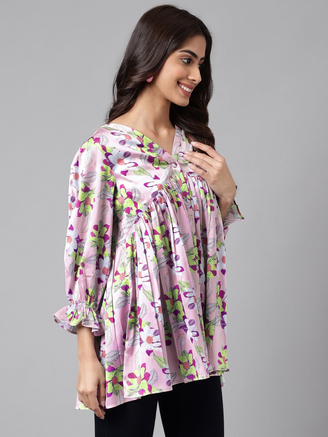 Janasya Women's Lavender Satin Digital Floral Printed Casual Flared Top | Swadesiicart