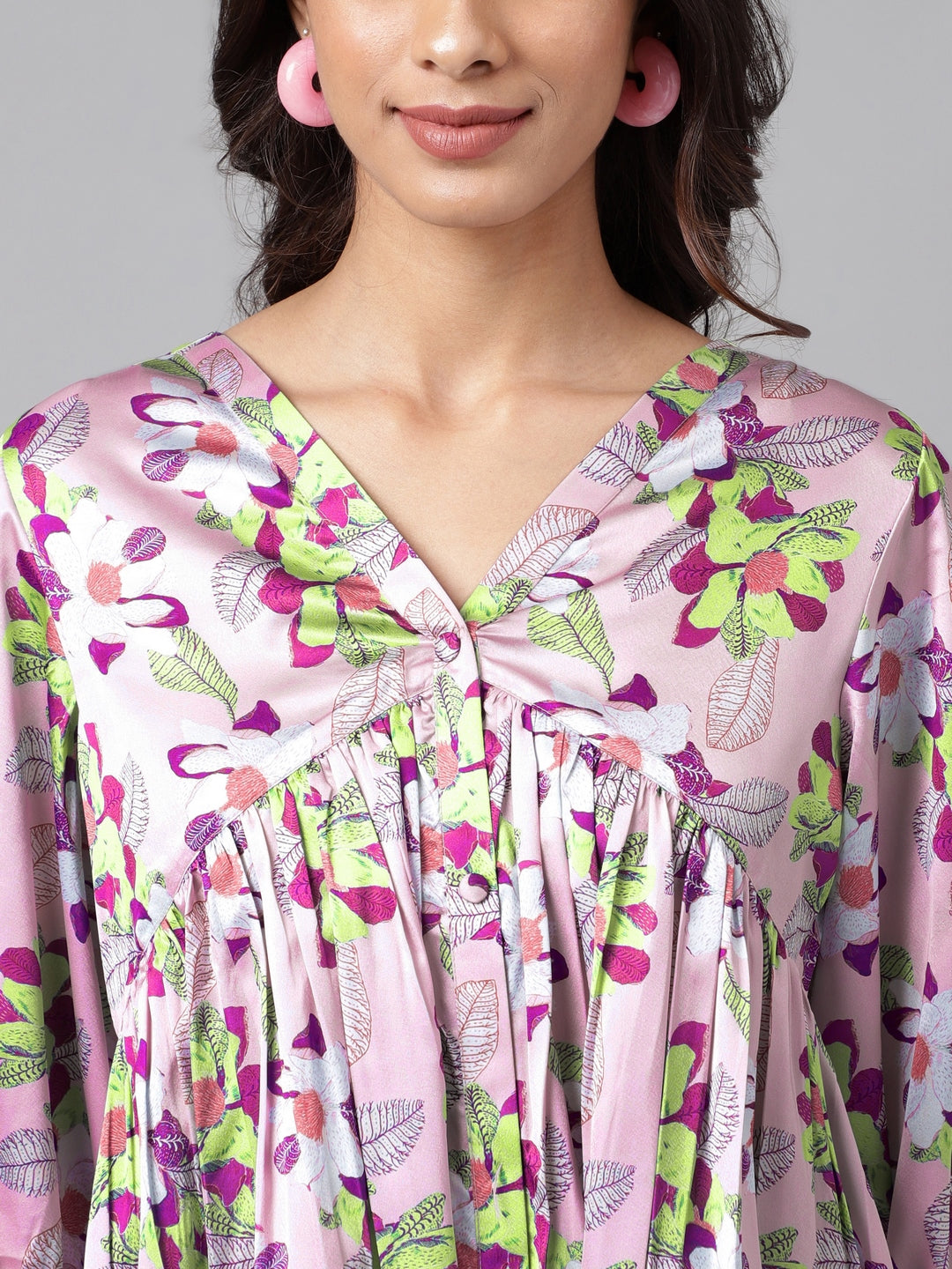 Janasya Women's Lavender Satin Digital Floral Printed Casual Flared Top | Swadesiicart