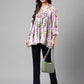 Janasya Women's Lavender Satin Digital Floral Printed Casual Flared Top | Swadesiicart