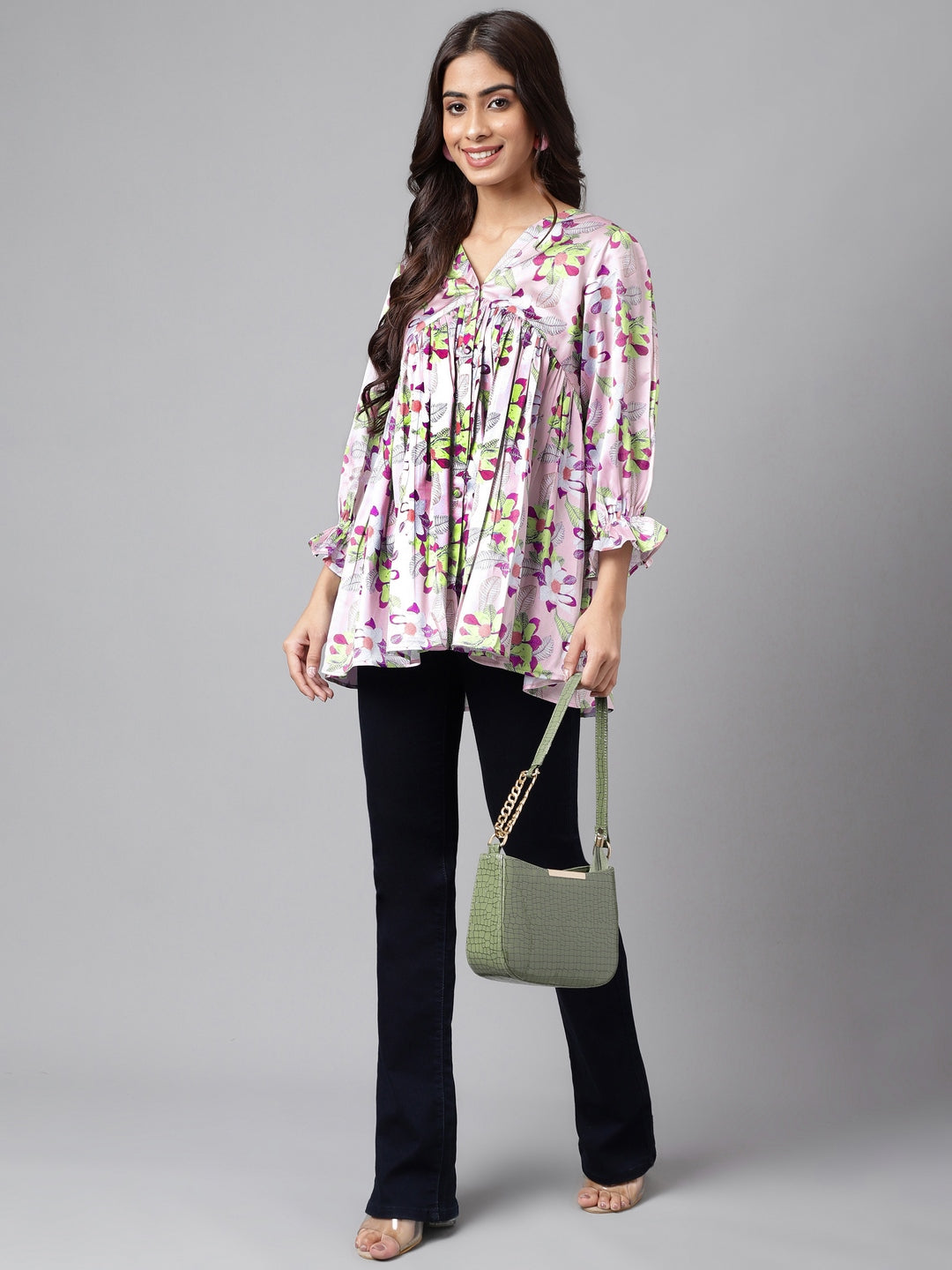 Janasya Women's Lavender Satin Digital Floral Printed Casual Flared Top | Swadesiicart