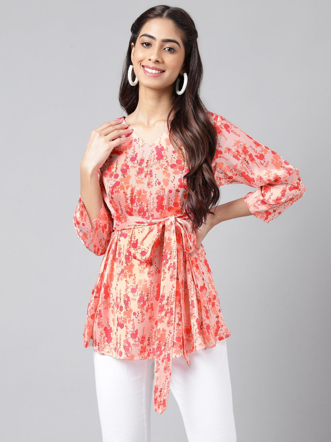 Janasya Women's Peach Satin Digital Floral Printed Casual A-Line Top | Swadesiicart