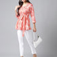 Janasya Women's Peach Satin Digital Floral Printed Casual A-Line Top | Swadesiicart