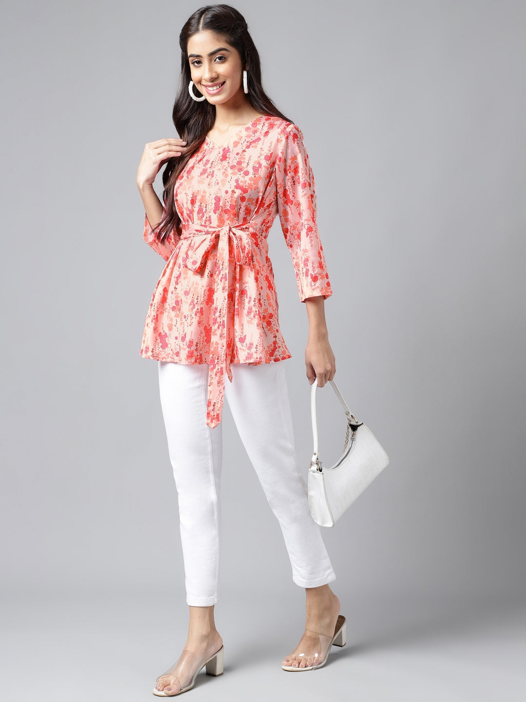 Janasya Women's Peach Satin Digital Floral Printed Casual A-Line Top | Swadesiicart