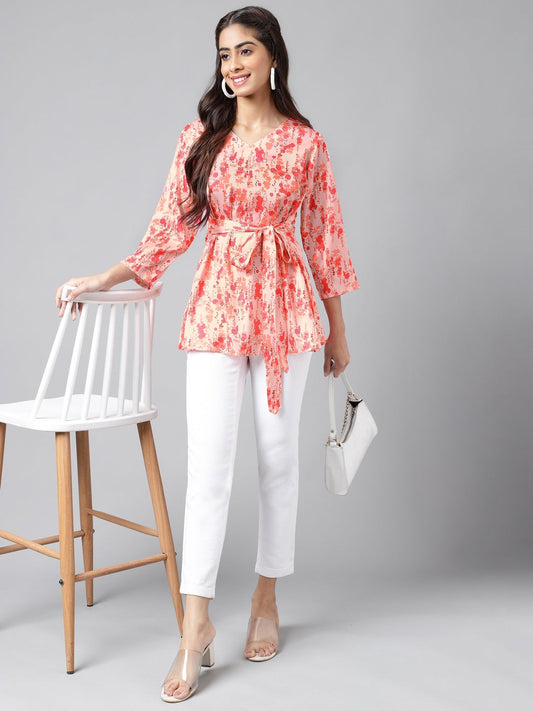 Janasya Women's Peach Satin Digital Floral Printed Casual A-Line Top | Swadesiicart