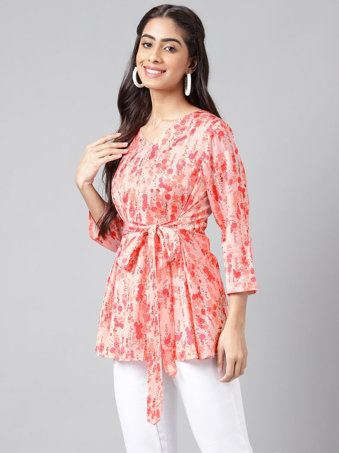 Janasya Women's Peach Satin Digital Floral Printed Casual A-Line Top | Swadesiicart