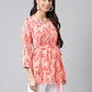 Janasya Women's Peach Satin Digital Floral Printed Casual A-Line Top | Swadesiicart