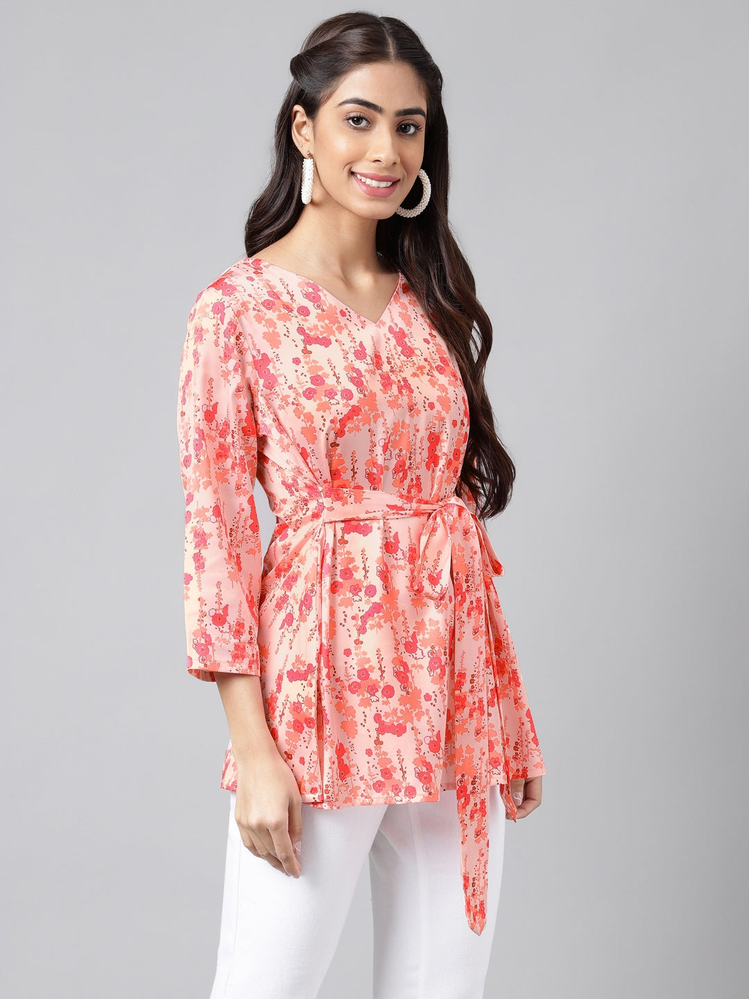 Janasya Women's Peach Satin Digital Floral Printed Casual A-Line Top | Swadesiicart