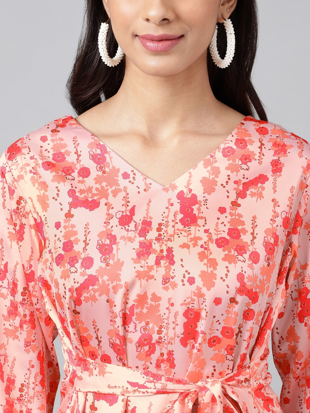 Janasya Women's Peach Satin Digital Floral Printed Casual A-Line Top | Swadesiicart
