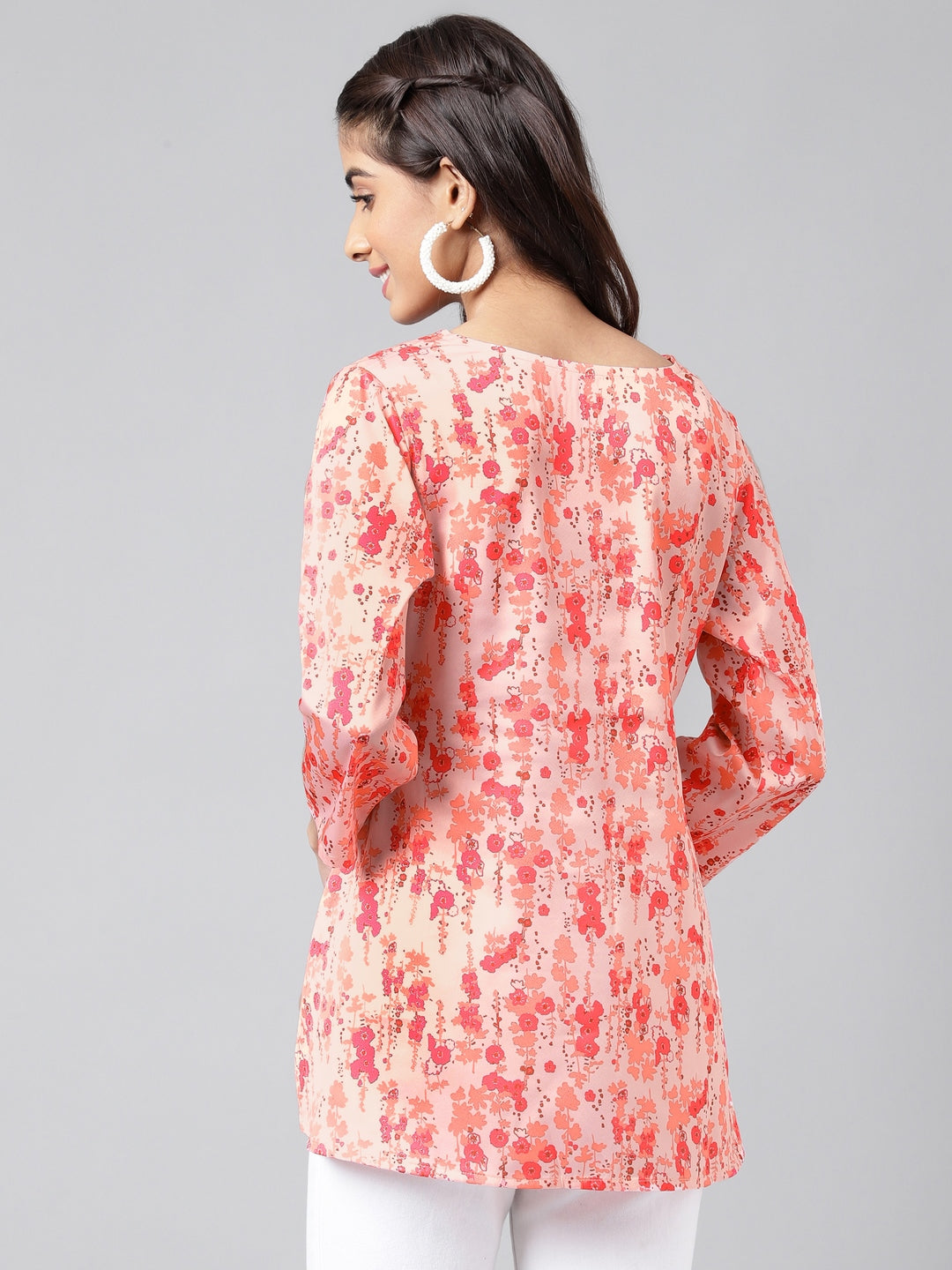 Janasya Women's Peach Satin Digital Floral Printed Casual A-Line Top | Swadesiicart
