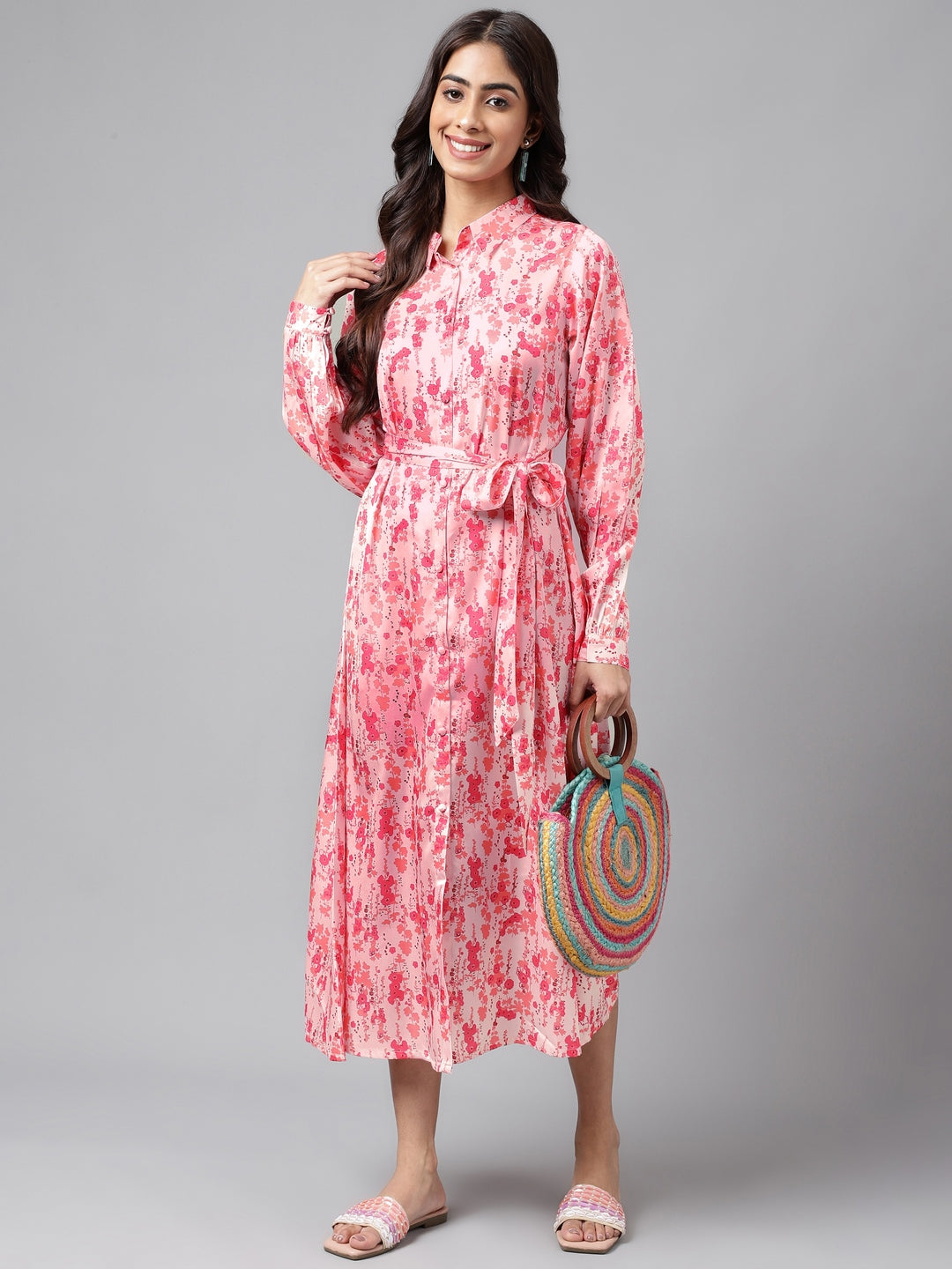 Janasya Women's Peach Satin Digital Floral Printed A-line Casual Dress | Swadesiicart