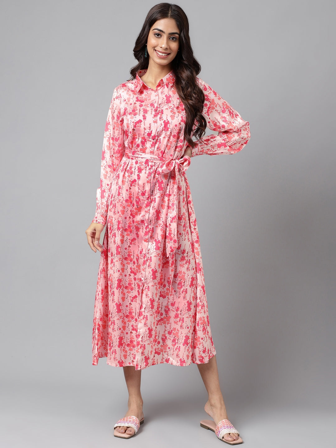 Janasya Women's Peach Satin Digital Floral Printed A-line Casual Dress | Swadesiicart