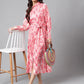 Janasya Women's Peach Satin Digital Floral Printed A-line Casual Dress | Swadesiicart